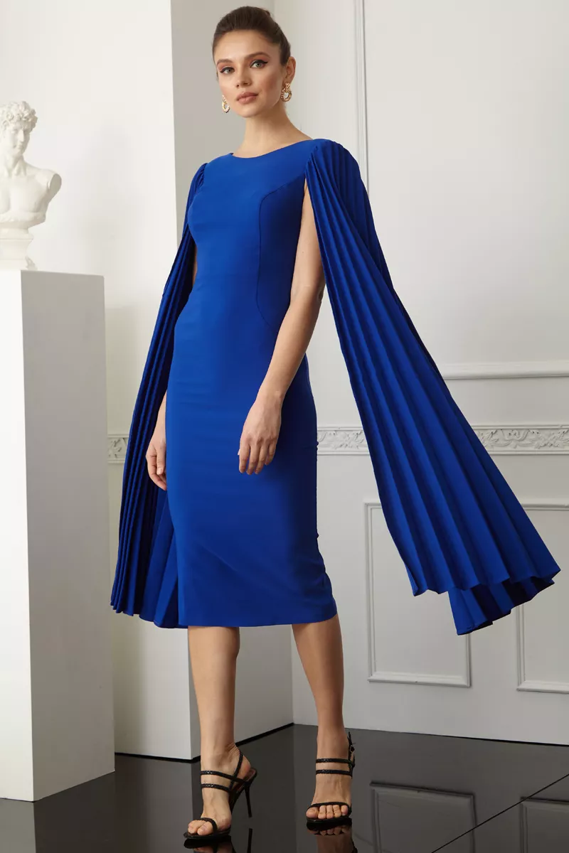 Blue crepe long sleeve midi dress