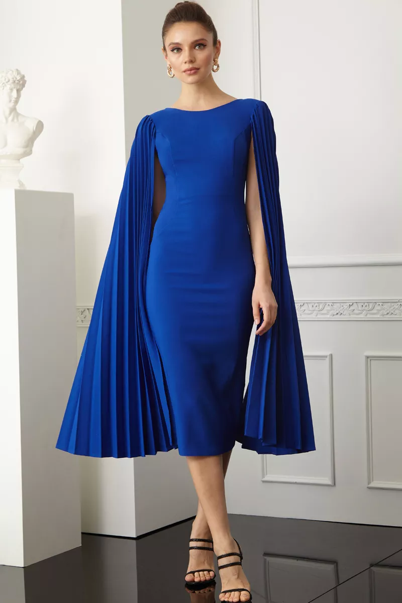 Blue crepe long sleeve midi dress